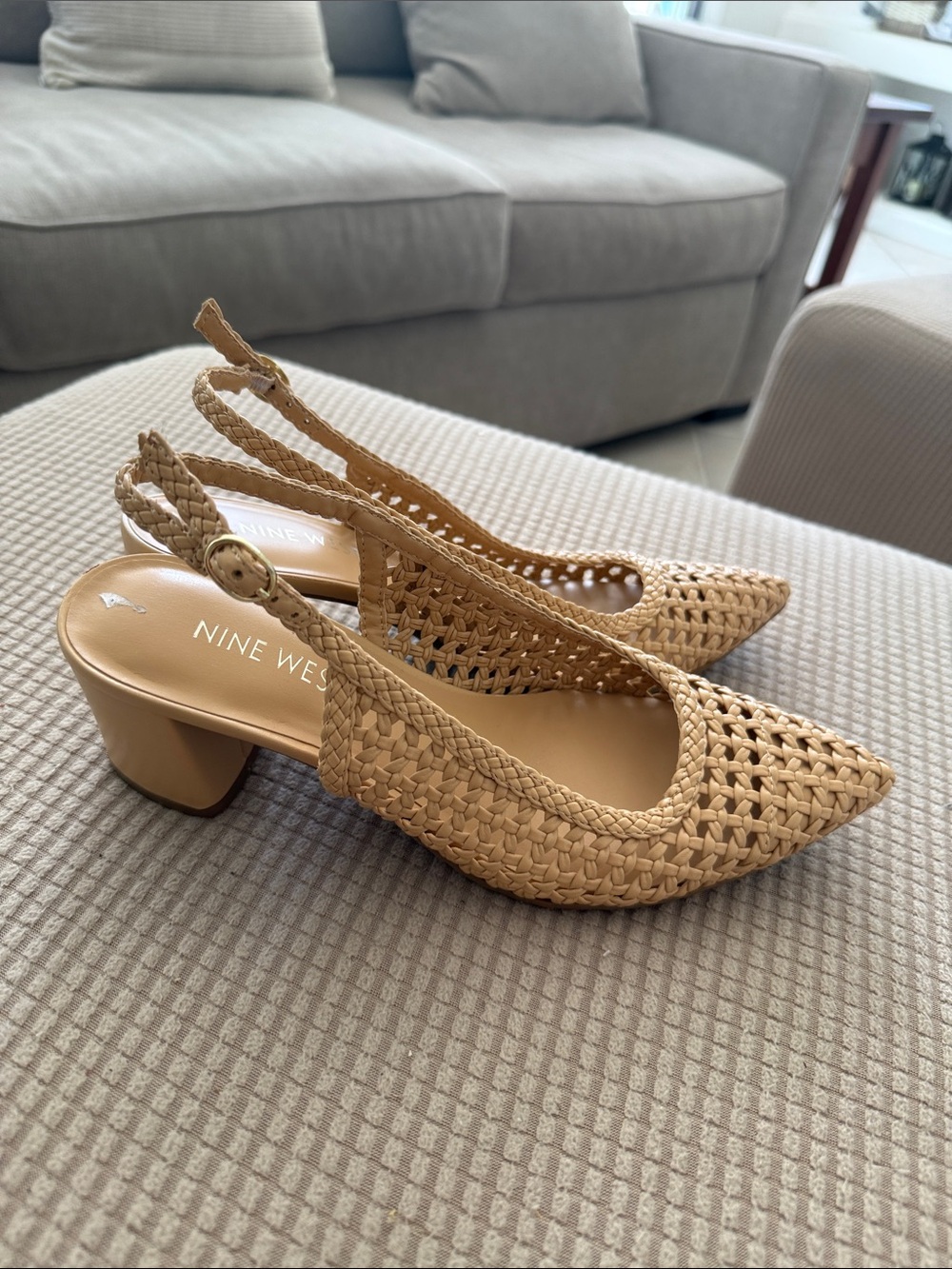 Nine West Size 8 1/2 Faux Leather Woven Tan Slingback Block Heel Pumps